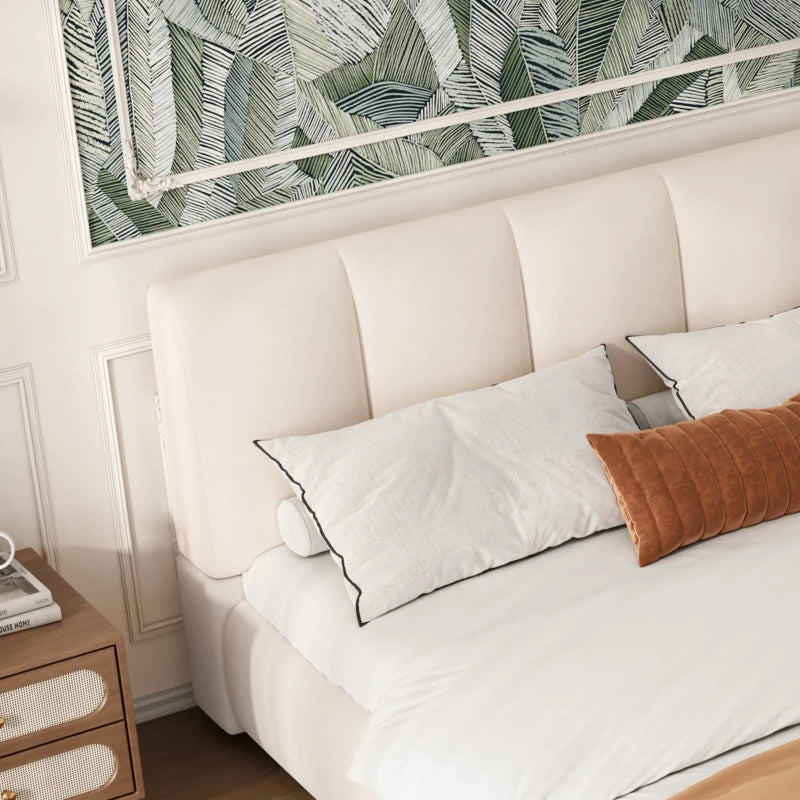 4ft6 Upholstered Double Bed - Velvet Frame with Soft Headboard & Sturdy Slats for Adults & Teens, White, 213x152x89 cm