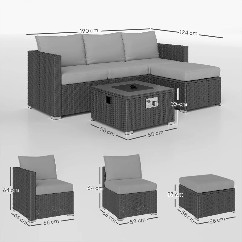 5-Piece Grey Rattan Garden Furniture Set with Gas Fire Pit Table & Footstools