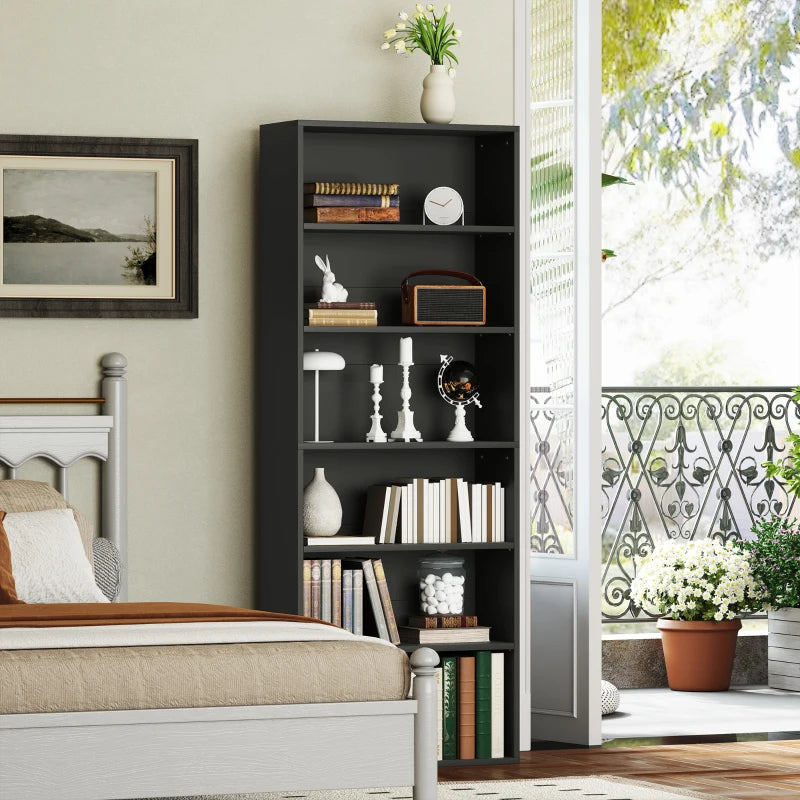 Stylish Black Six Shelf Bookcase - Modern Storage Solution for Home or Office, Perfect for Books and Decor