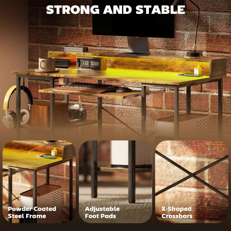 Rustic Brown Computer Desk with LED Lights & Power Outlets - 120x55 cm Gaming Desk with Monitor Stand & Storage Shelves