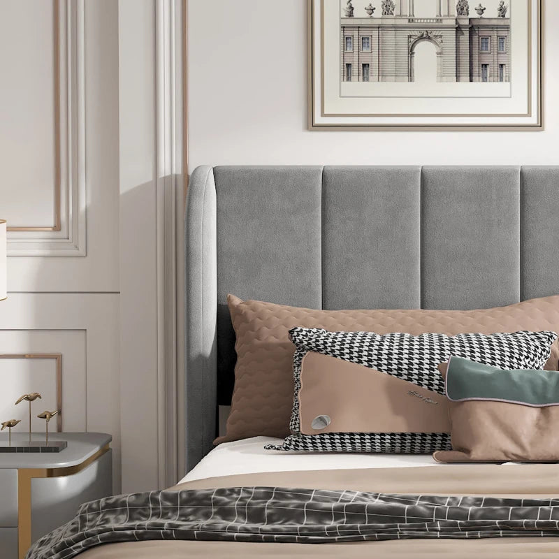 Double Upholstered Bed with Soft Backrest - Vertical Stripe Design, Metal Frame, Gray - 202L x 149W x 103H cm