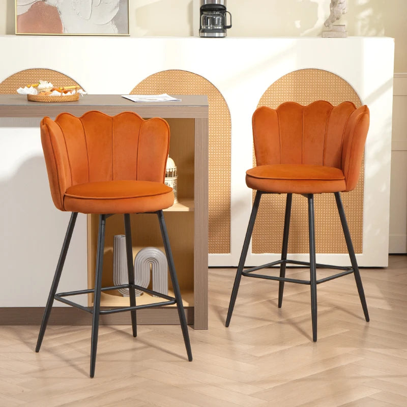 Set of 2 Orange Velvet-Feel Lotus Bar Stools - Stylish Modern Seating for Kitchen or Home Bar