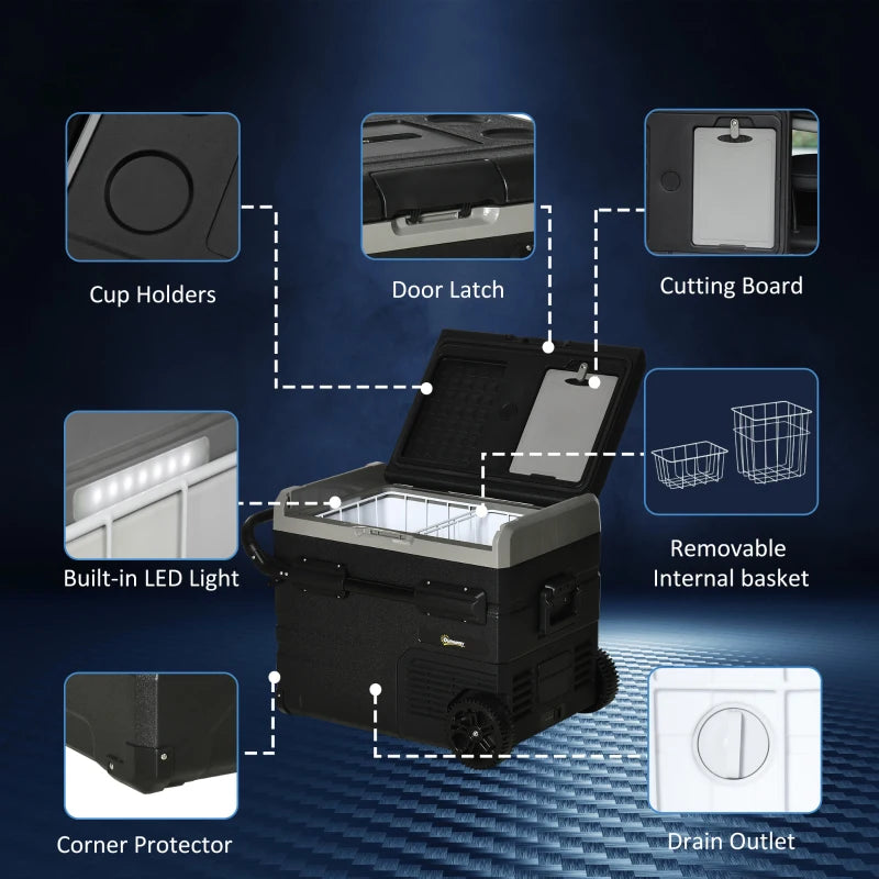 50L Portable Car Refrigerator Compressor Cooler Box with LED Light Foldable Handles Cup Holders 12V 24V DC and 110V 240V AC for RV Campervan Boat Travel -20 Degrees Celsius