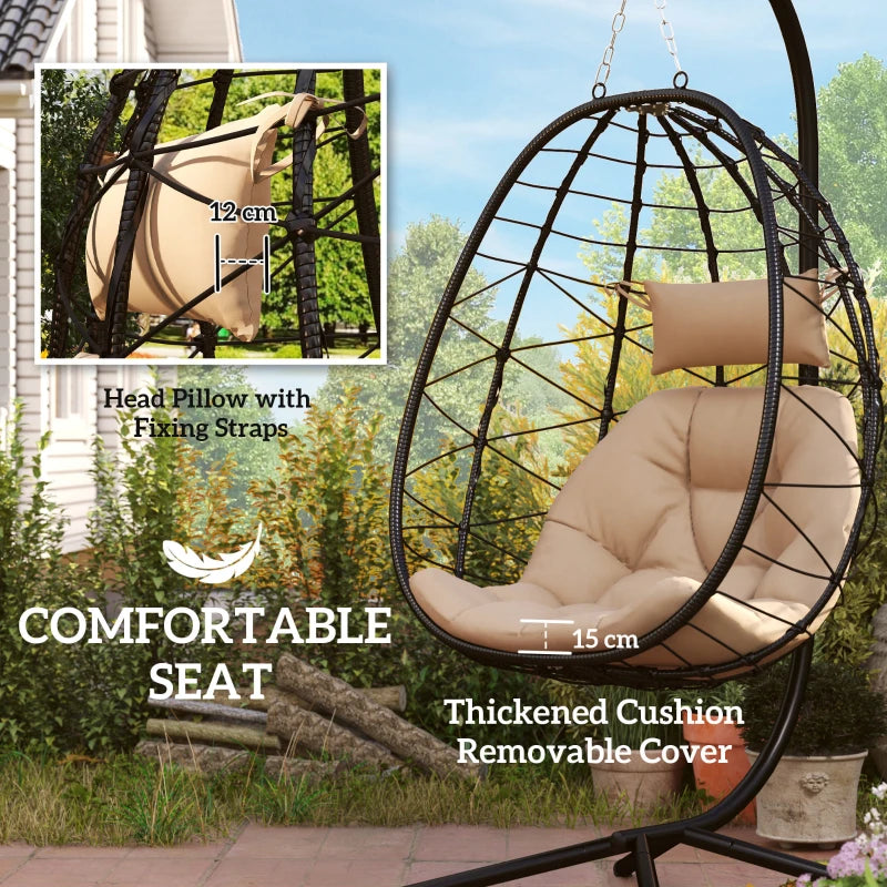 Hanging Egg Chair - Outdoor Indoor Garden Swing Chair with Folding Basket, Thickened Cushion, Headrest - Khaki - Perfect for Patio and Balcony