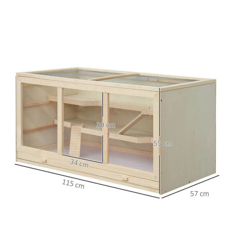 Wooden Hamster Cage for Small Animals with Openable Top and Exercise Play House 115L x 57W x 55Hcm Natural