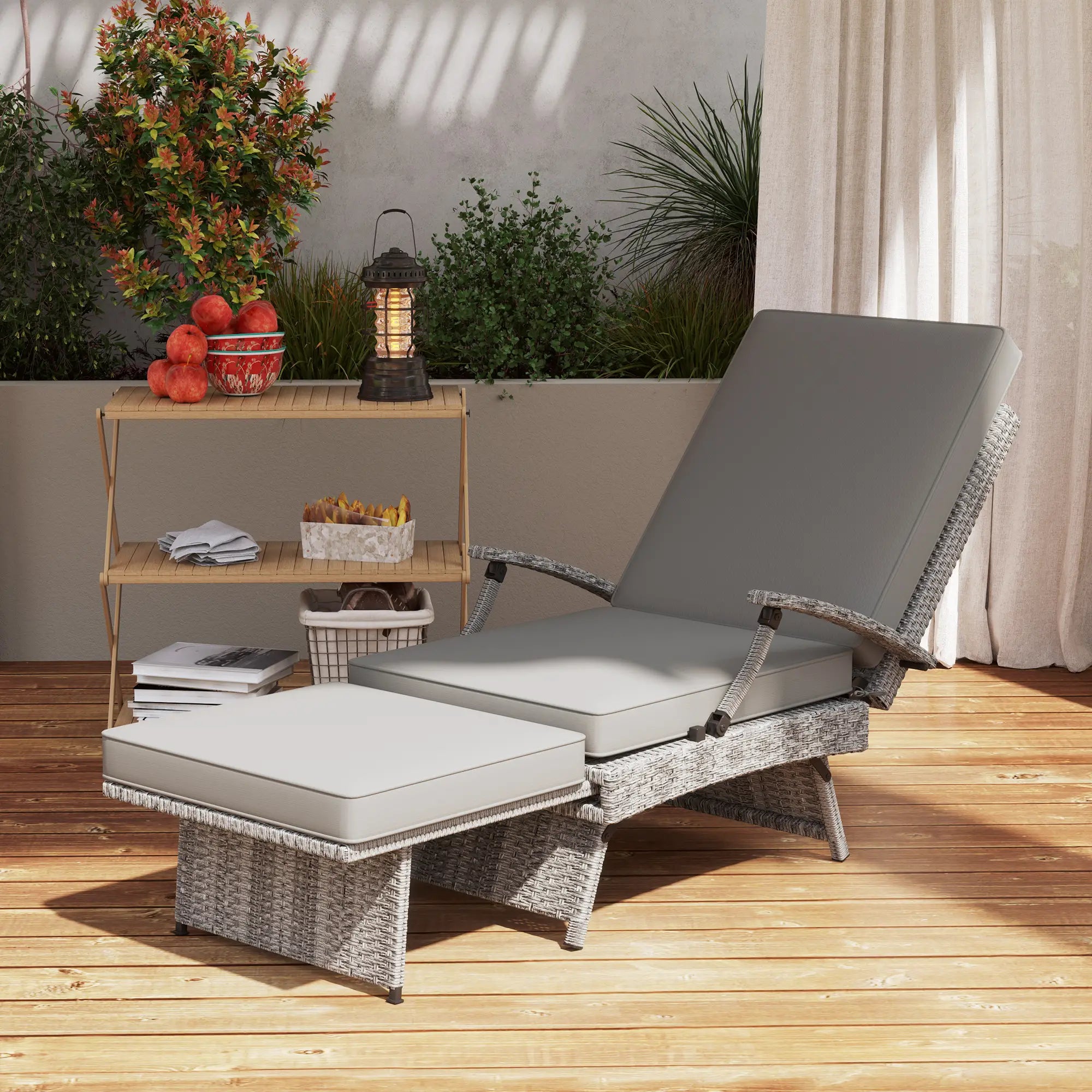 80° Reclining Rattan Lounger With Padded Cushions - Grey