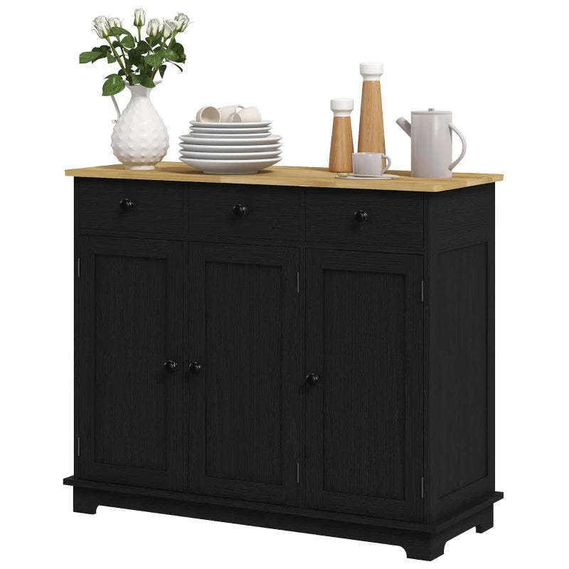 Stylish Black Wood-Effect Sideboard with Rubberwood Top & Adjustable Shelves - Perfect for Dining Room & Kitchen Storage