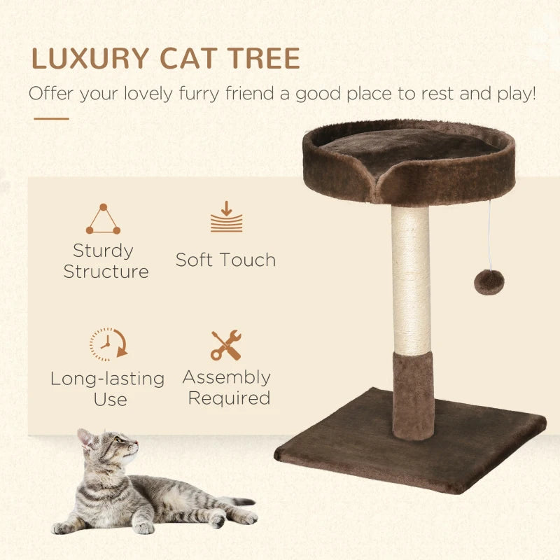 Small Cat Tree for Indoor Cats - Sisal Scratching Post, Kitten Bed, Ball Toy - Brown, 45x45x70 cm