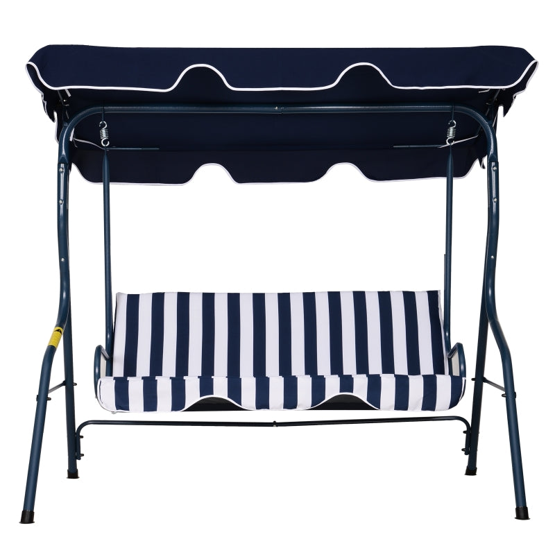 Blue Striped 3-Seater Outdoor Swing Chair with Adjustable Canopy