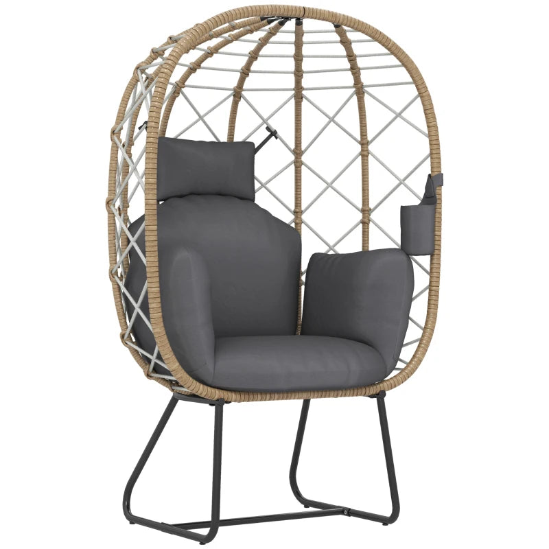Brown Rattan Egg Chair - Outdoor Indoor Wicker Chair with Thick Cushion & Headrest, Metal Frame Garden Egg Chair with Cup Holder, Perfect for Patio & Balcony