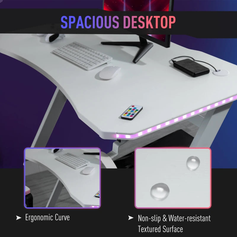 RGB Gaming Desk 120x66cm - Carbon Fibre Computer Table with Headphone Hook, Cup Holder & Controller Rack - White Home Office