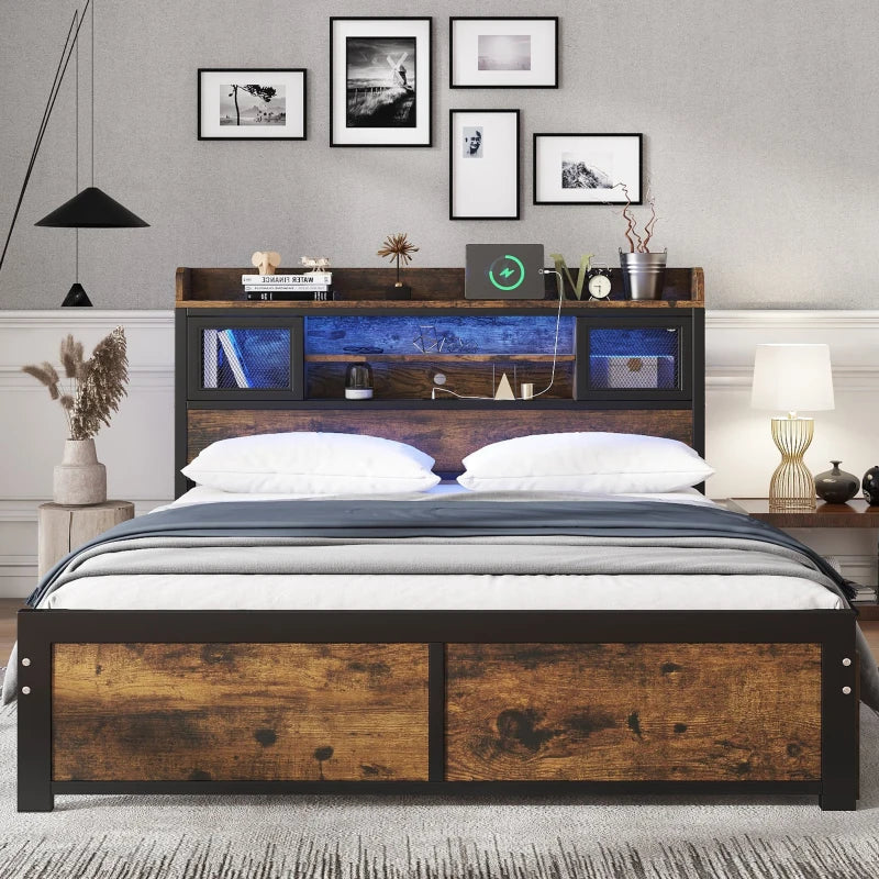 Metal Double Bed with LED Light Strip, USB Ports & 2 Drawers - Sturdy Iron Frame, Black, 207x135.5x83.5 cm