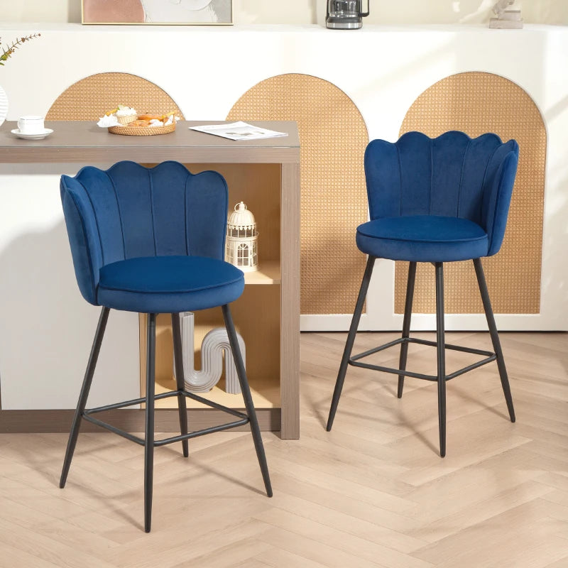 Set of 2 Dark Blue Velvet-Feel Lotus Bar Stools - Stylish Modern Seating for Kitchen or Home Bar