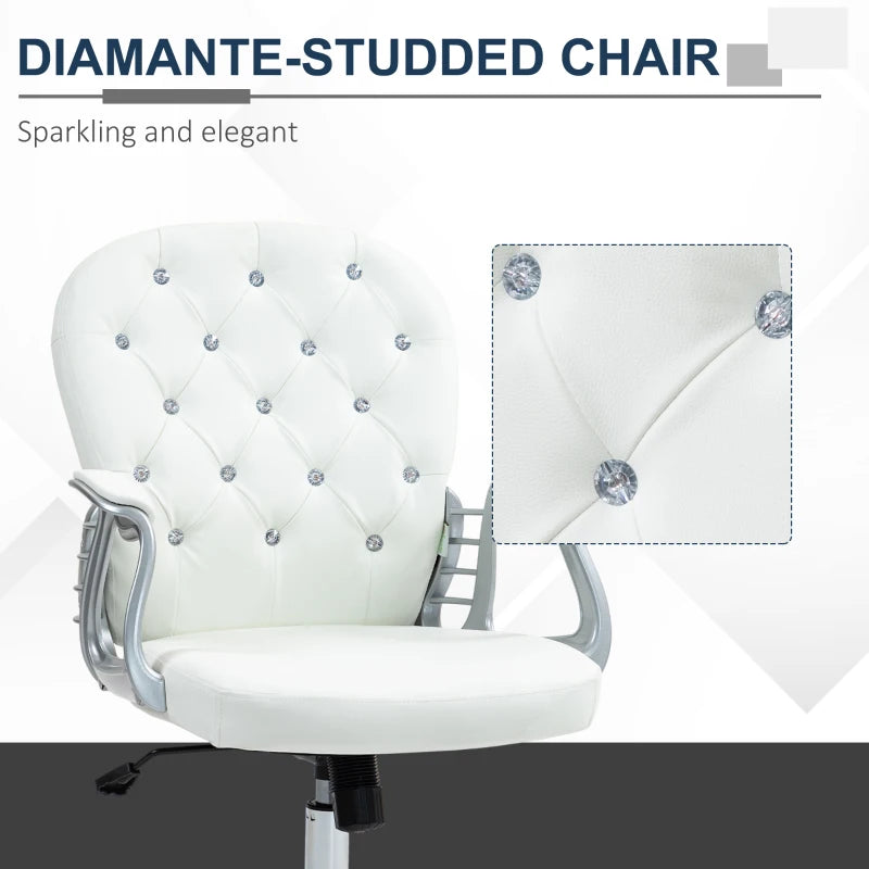 Ergonomic 360 Degree Swivel Office Chair with PU Diamante Padding and 5 Castor Wheels for Home and Work in White