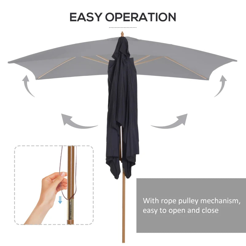 Black 2 x 3m Wooden Garden Parasol Umbrella