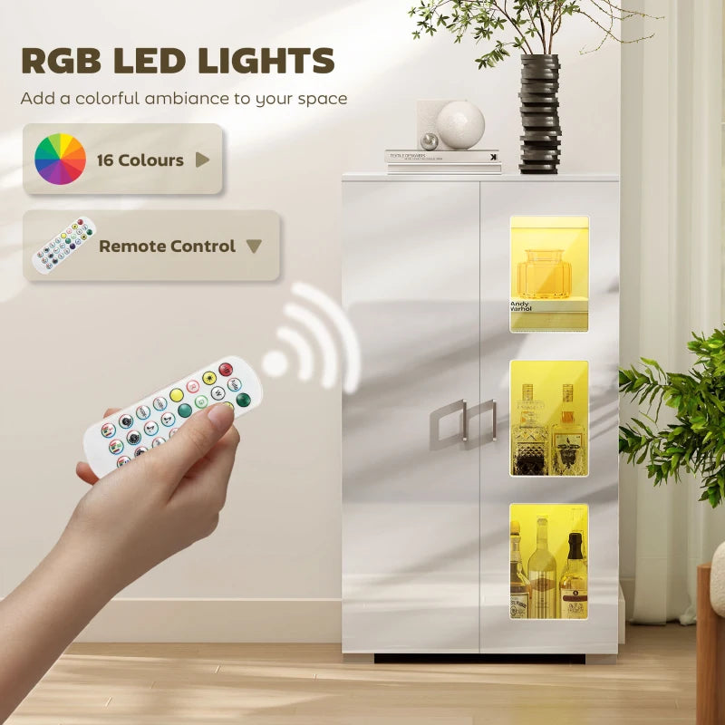 High Gloss White Sideboard with RGB LED Lights - Modern Display Cabinet with Glass Doors & Shelves for Living Room & Dining Room