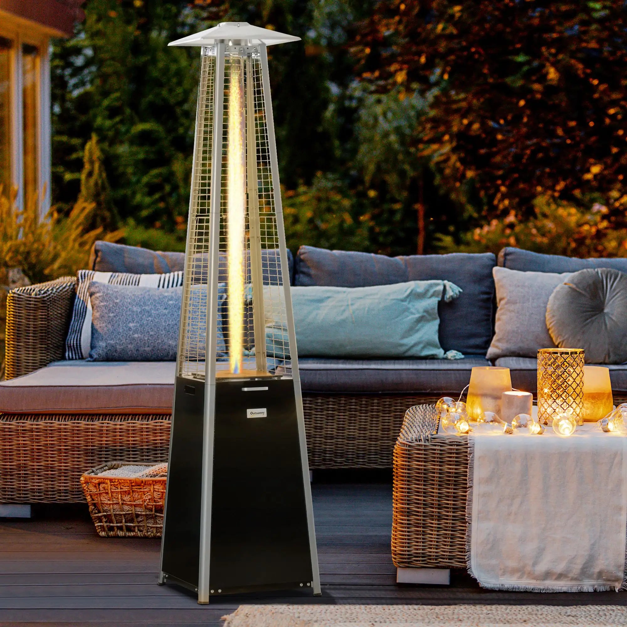 50 x 50 x 225cm Freestanding Gas Patio Heater - Garden Tower Heater with Wheels, Dust Cover, Regulator and Hose Included, Black,