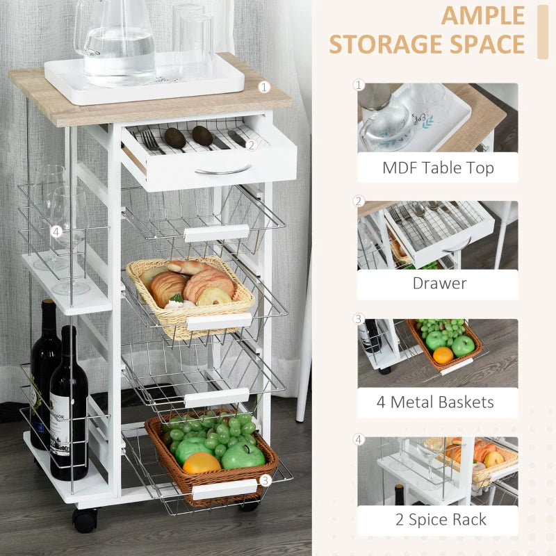Rolling Kitchen Cart with 4 Basket Drawers & Side Racks - Utility Storage on Wheels for Dining Room - Natural & White