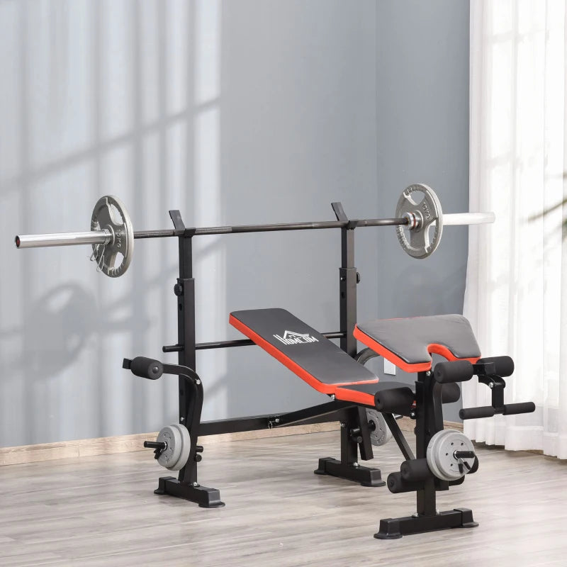 Adjustable Multi-Function Weight Bench with Leg Extension and Barbell Rack for Home Gym Strength Training Red