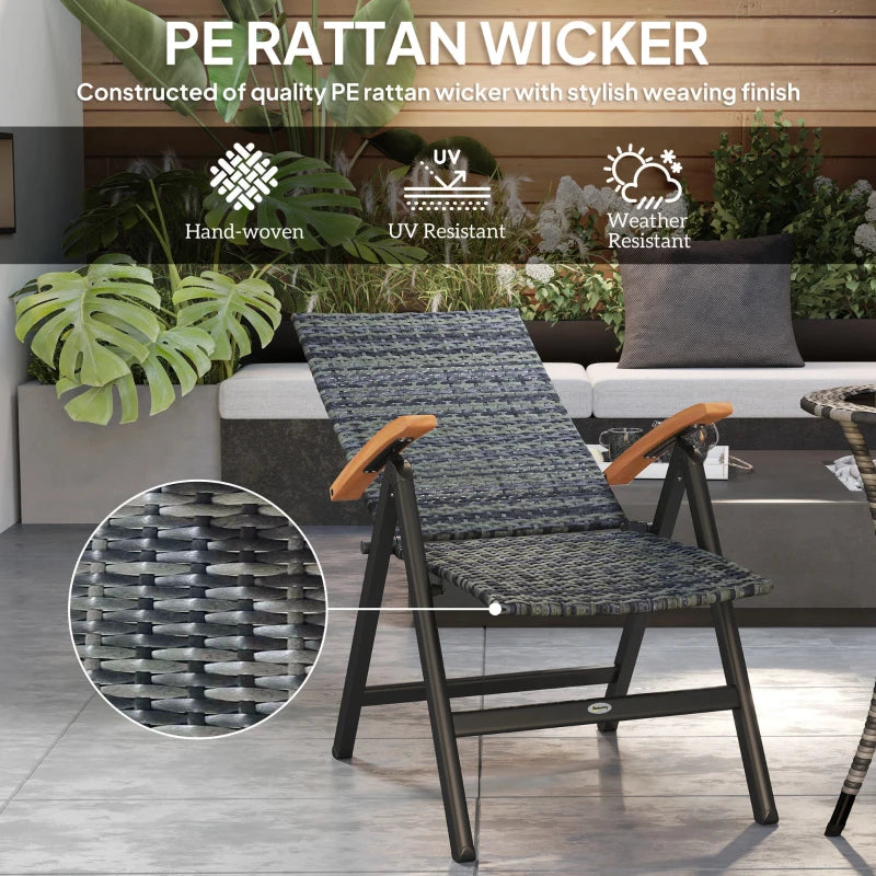 2-Piece Folding Rattan Garden Dining Chairs Set - 5-Level Reclining High Back, Wood Armrests, Outdoor Furniture - Mixed Grey