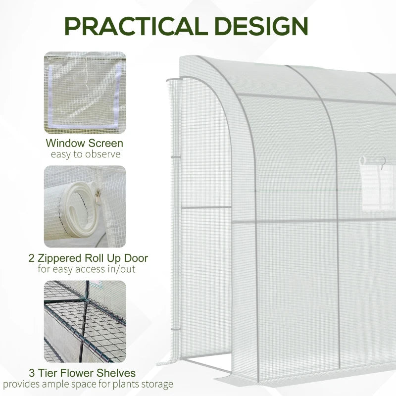 Green Walk-In Lean-to Greenhouse with Windows and Doors - 2 Tiers, 4 Shelves - White