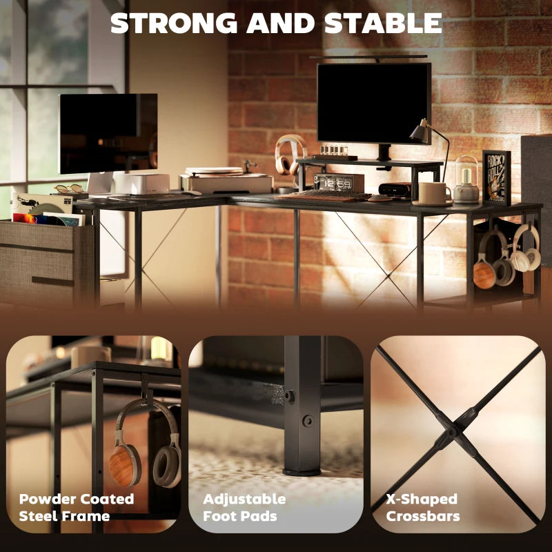 Reversible 168cm L Shaped Desk - Industrial Corner Computer Table with Adjustable Shelf & Storage Bag, 240cm for 2 Users, Black