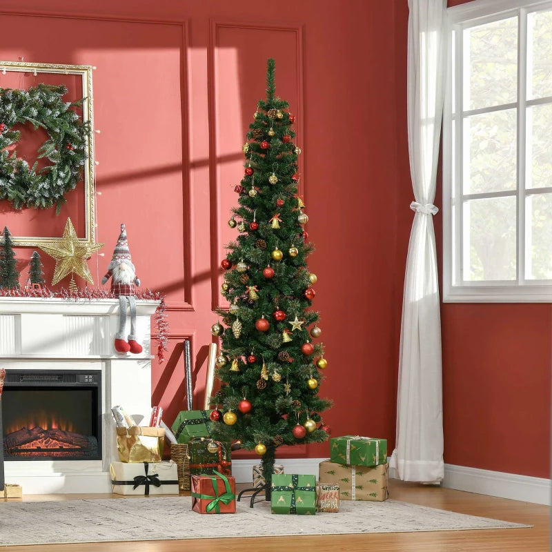 6.5FT Tall Pencil Slim Artificial Christmas Tree with Realistic Branches, Pine Cones & Needles - Perfect Xmas Decoration