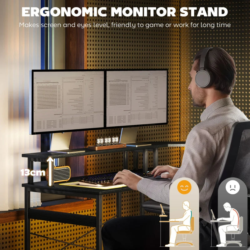L-Shaped Black Work Desk with LED Lights - Modern Home Office Furniture for Efficient Workspace Organization