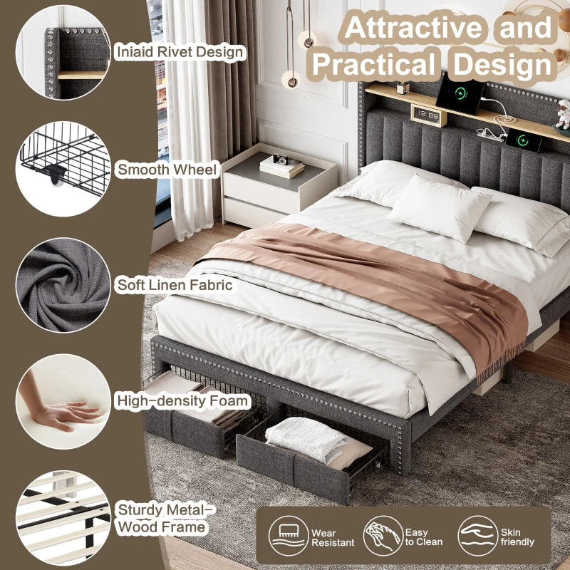 Double Upholstered Bed with Storage Drawers and Charging Ports in Grey Linen Frame