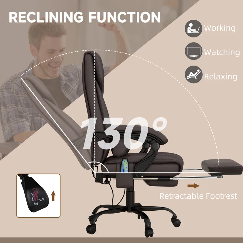 Vinsetto 6-Point Massage Office Chair - Adjustable PU Leather Desk Chair with Footrest for Home Office, Brown