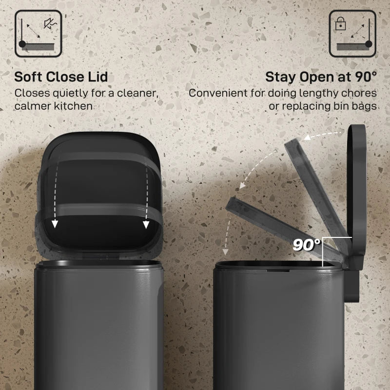 30L Compact Kitchen Pedal Bin with Soft-Close Lid, Stay-Open Feature & Removable Bucket - Black Trash Can for Home & Office