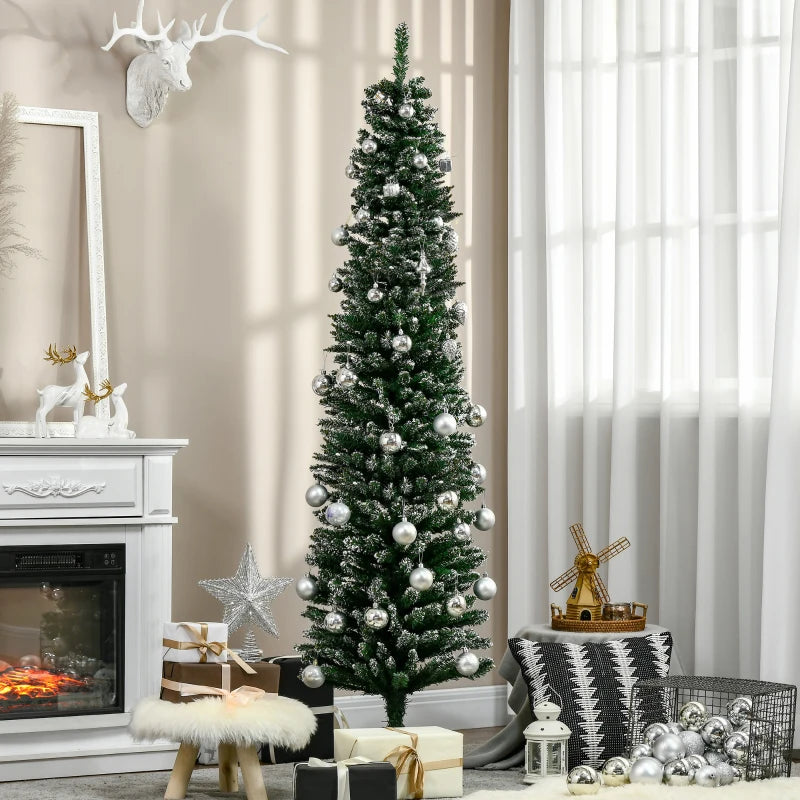 6FT Snow Dipped Christmas Pencil Tree - Foldable Black Stand, Green Holiday Indoor Decoration for Festive Home Decor