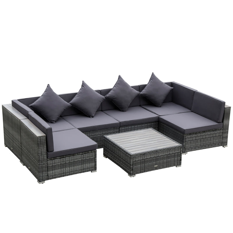 7-Piece Acacia Topped Patio Wicker Sofa Set: Stylish Outdoor Rattan Sectional with Cushions