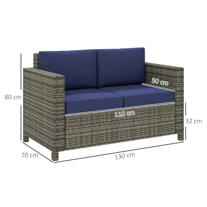 Navy Blue Rattan 2 Seater Garden Sofa with Soft Padded Cushions and Armrests - Wicker Loveseat for Patio