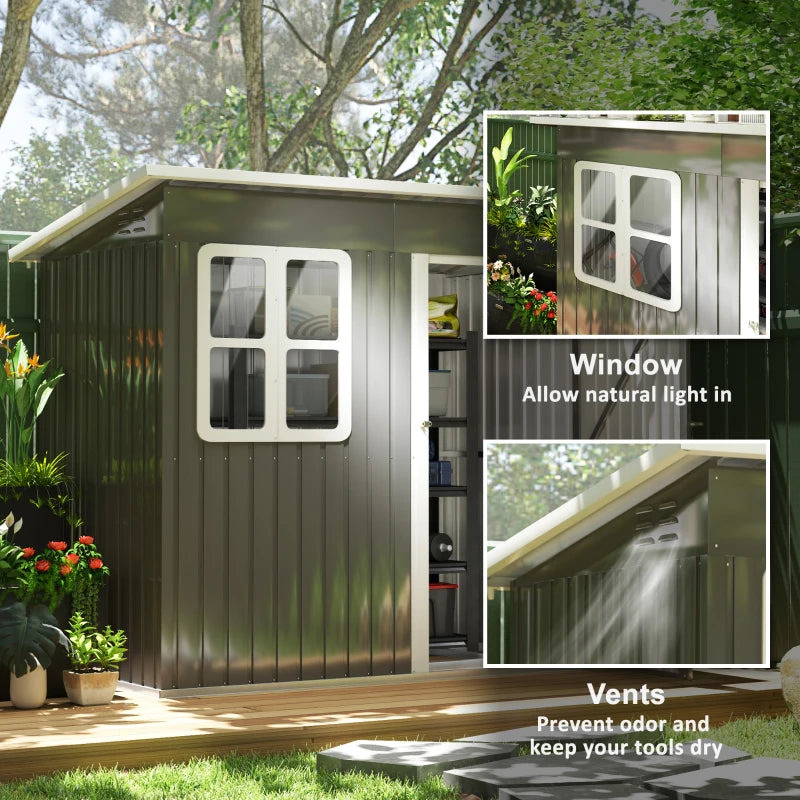 7ft x 4ft Grey Galvanised Steel Garden Shed with Lock and Gloves