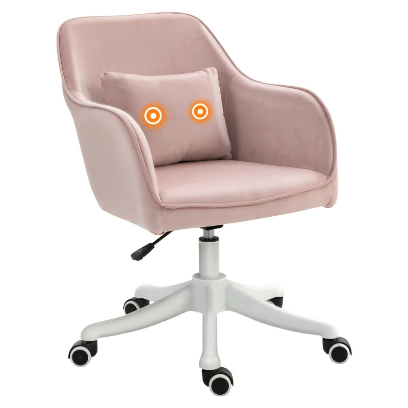 Vinsetto Pink Velvet Office Chair with Massage Lumbar Pillow, Rolling Wheels - Stylish Desk & Makeup Vanity Chair for Home