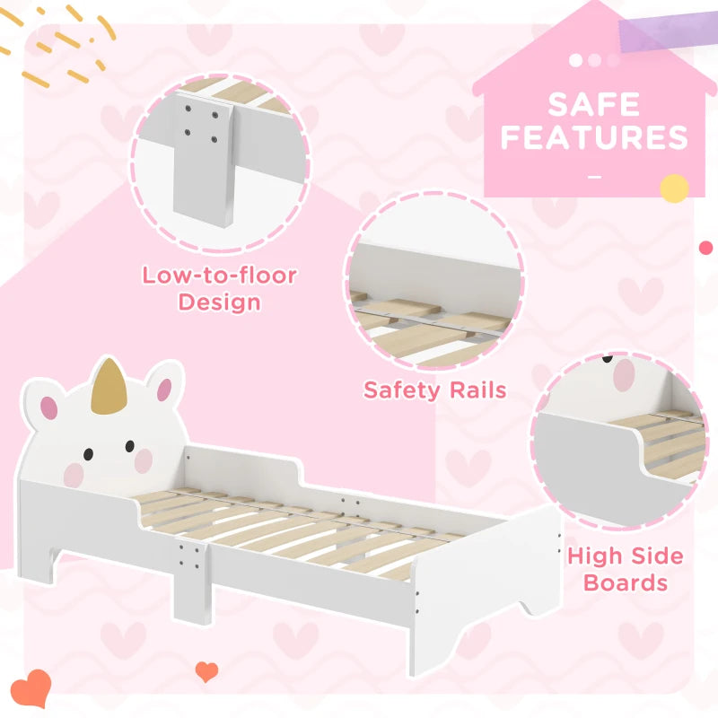 ZONEKIZ Unicorn Toddler Bed - Kids Bedroom Furniture for Ages 3-6, 143x74x67cm, Stylish White Design
