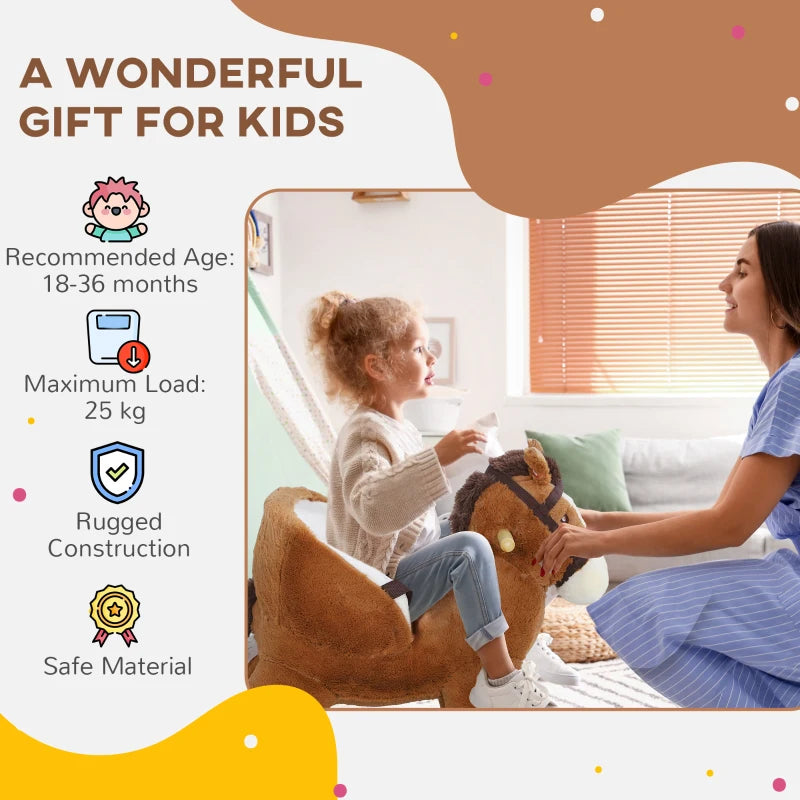 Plush Rocking Horse for Kids with Sound Wooden Base Ride On Toy for Ages 18 to 36 Months Brown