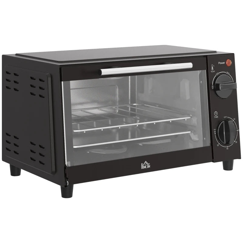 Compact 9L Mini Oven & Electric Grill - Adjustable Temp, Timer, Dishwasher Safe Tray, 750W, Black Countertop Toaster Oven