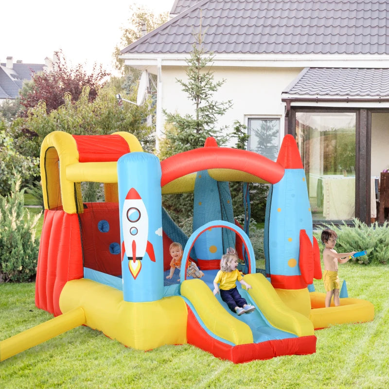 Inflatable Bounce Castle Trampoline Slide Pool Rocket Design 3.4m x 2.8m x 1.85m for Kids Outdoor Fun