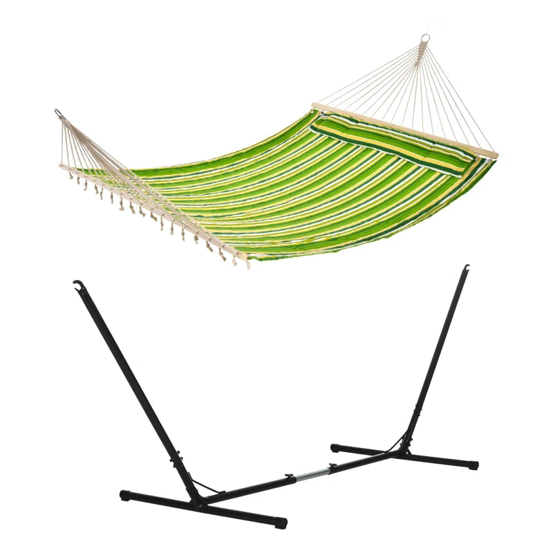 Green Striped Double Cotton Hammock with Adjustable Steel Frame