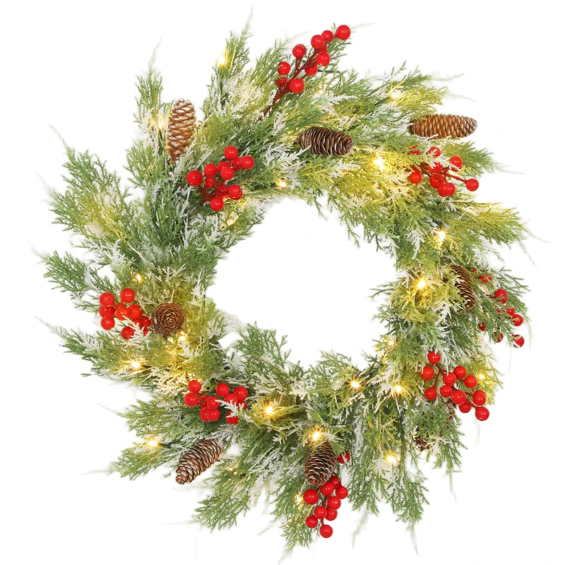 60 cm Prelit Christmas Wreath - Realistic Branches, 30 Warm White LEDs, Timer, Battery Operated Door Decor