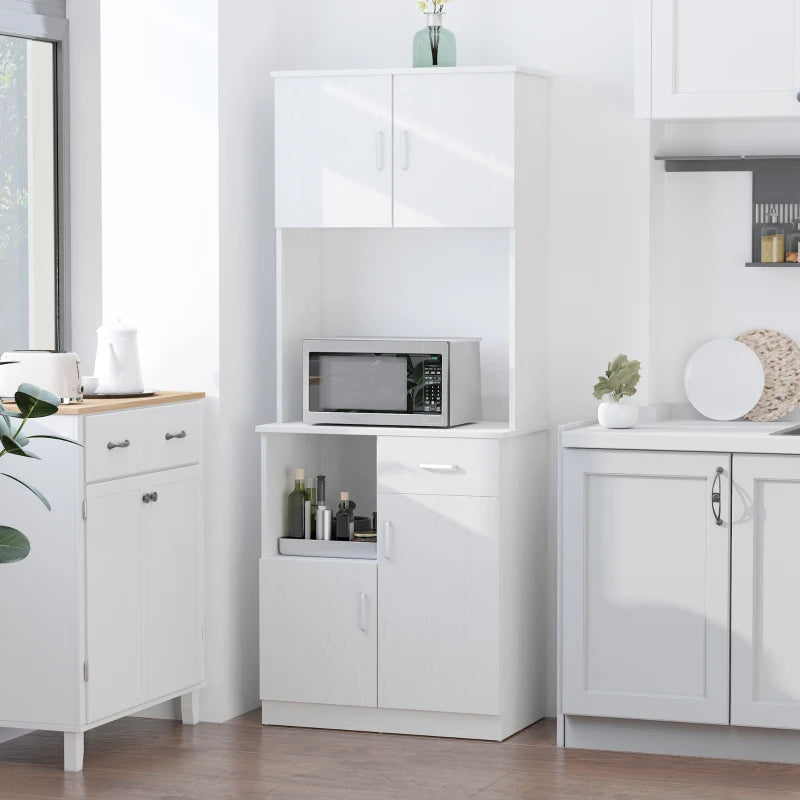 Tall White Kitchen Cupboard with Doors, Shelves, Drawer & Open Countertop - Versatile Storage Cabinet for Living & Dining Rooms