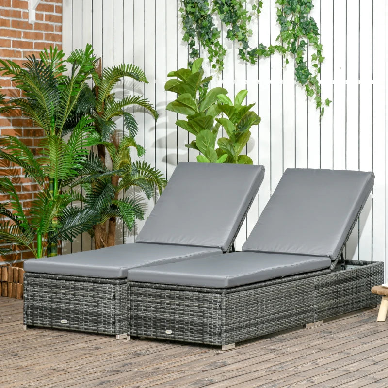 Grey Rattan Sun Loungers Set of 2 with Cushion