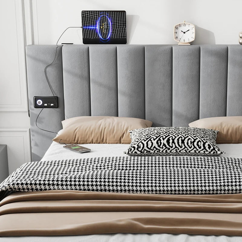 Stylish King Size Upholstered Bed with Stereo and USB Charging Ports Velvet Iron Frame Grey