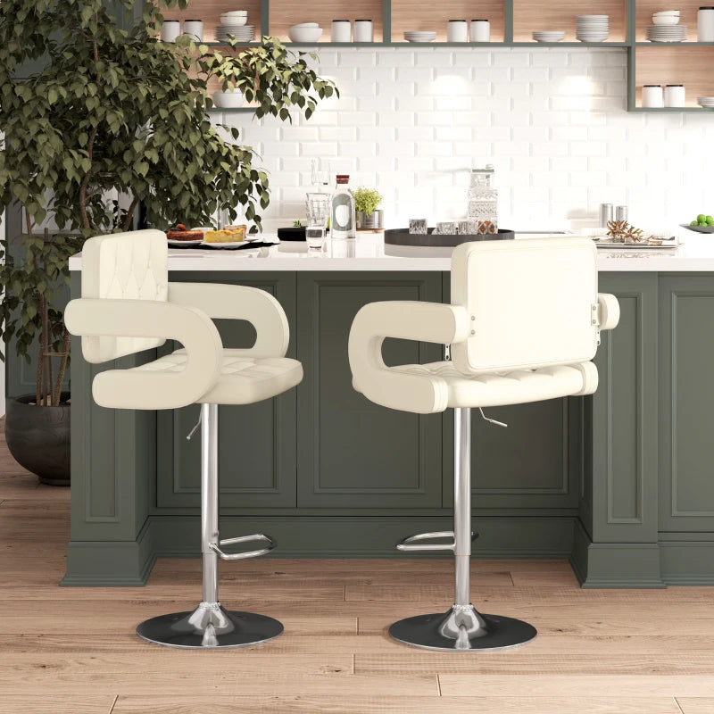 Set of 2 Upholstered Swivel Bar Stools - Height Adjustable with Back, Armrest & Footrest - Modern White Kitchen Seating