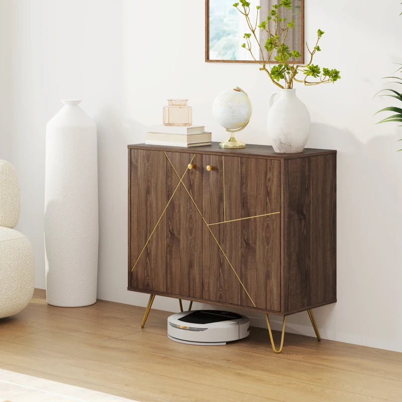 Modern Luxury Sideboard Storage Cabinet with Golden Lines, Adjustable Shelf, Steel Hairpin Legs - Brown Living Room Furniture
