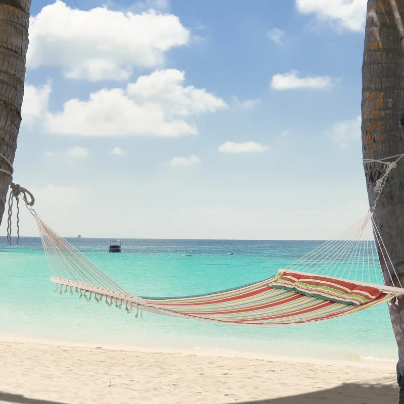 Red Striped Double Cotton Hammock with Pillow - Outdoor Garden Swing Bed