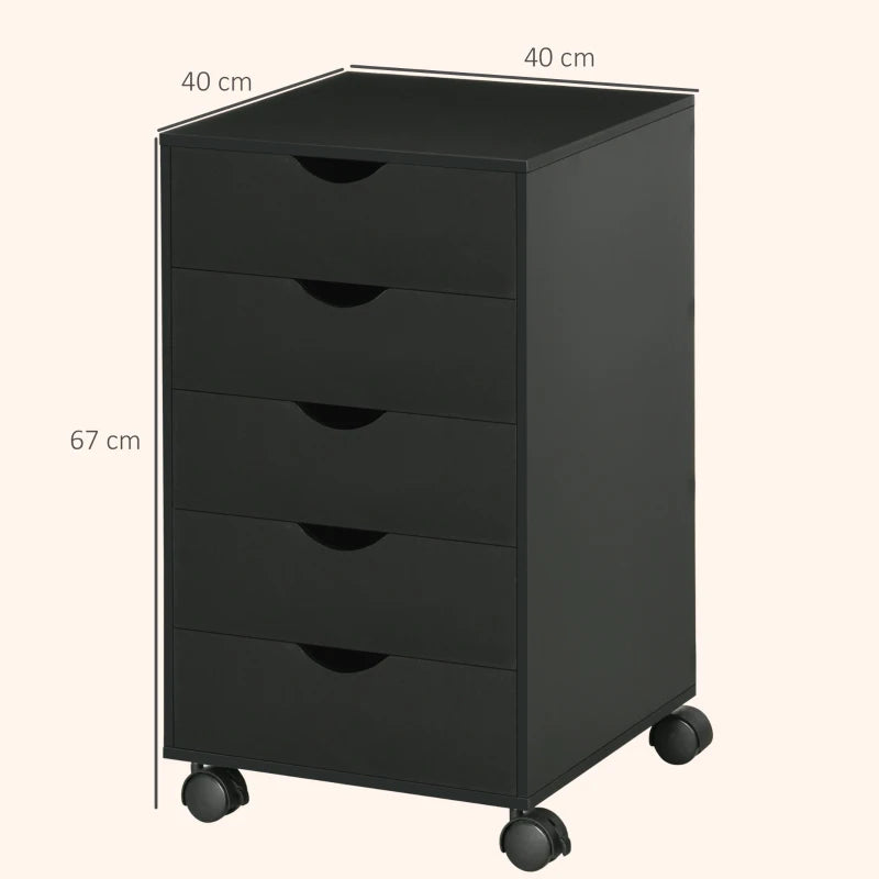 Modern 5 Drawer Mobile Filing Cabinet - Vertical Office Storage Organizer, Rolling Cupboard in Black for Efficient Workspace