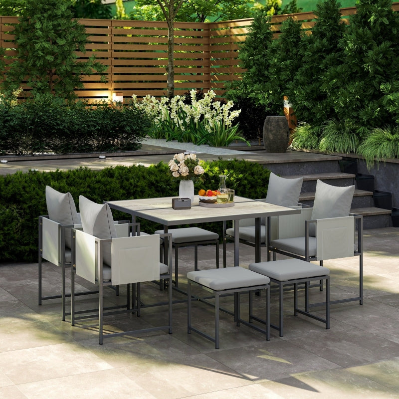 Nine-Piece Grey Steel Frame Garden Dining Set - Outdoor Furniture for Patio and Backyard